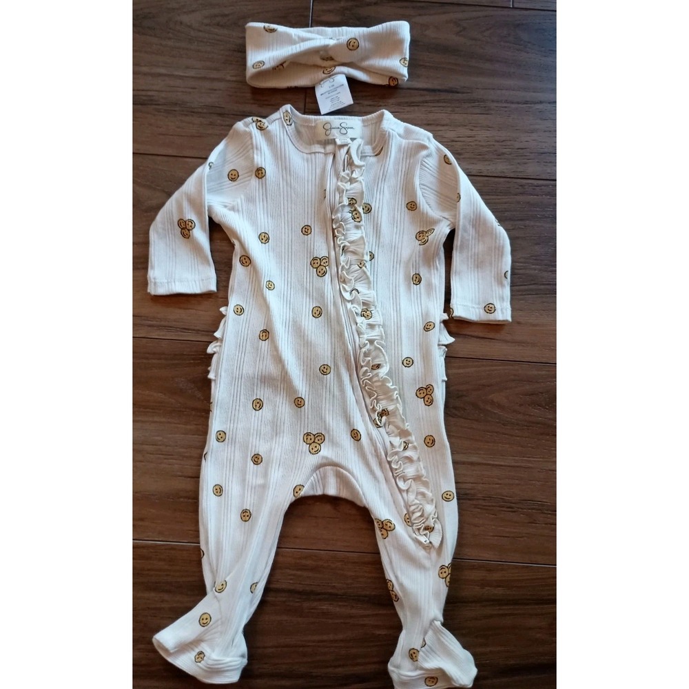 Jessica Simpson Baby Girl Smiley Zip Romper With Headband Sz 0-3 Months‎ Ruffle